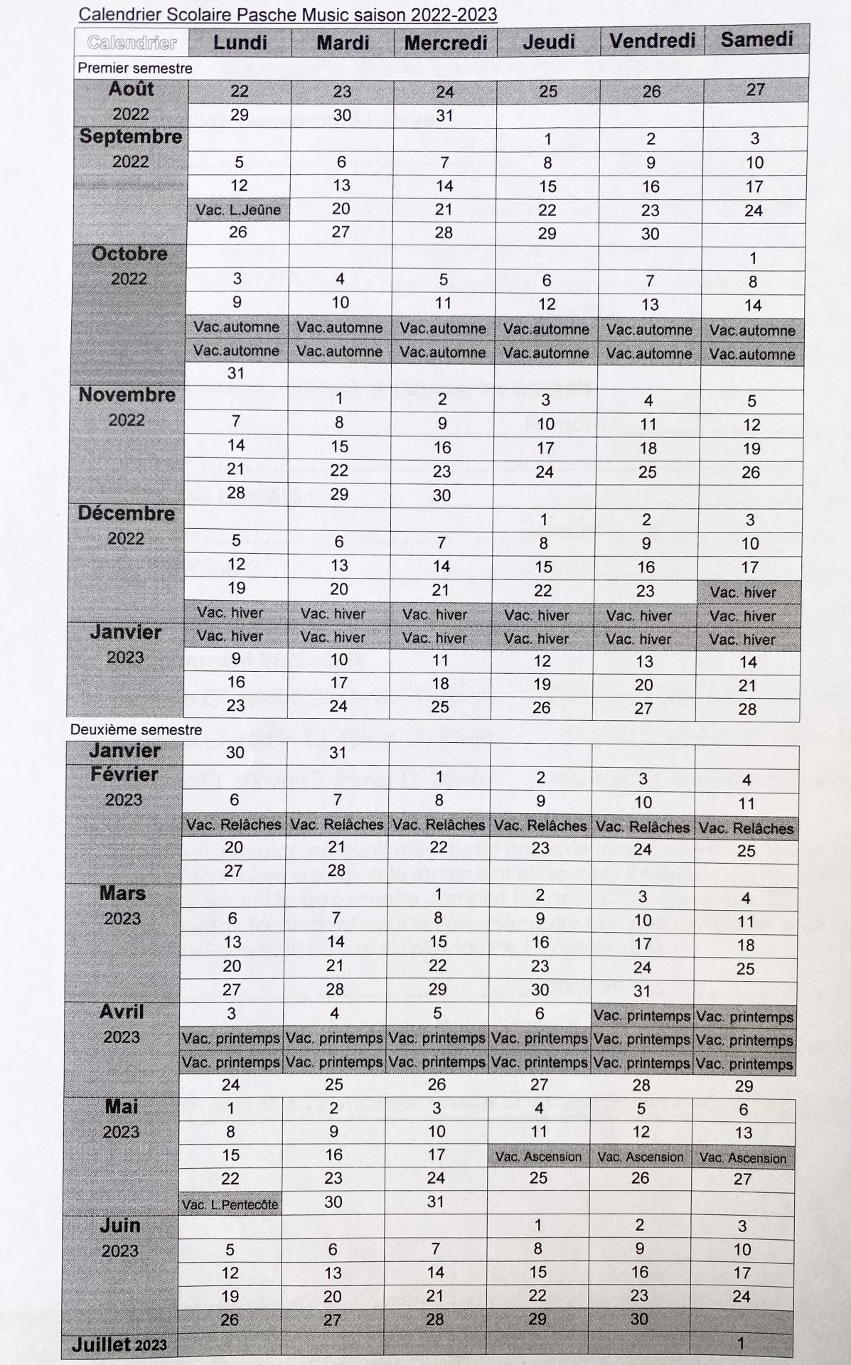 Calendrier 2022-2023