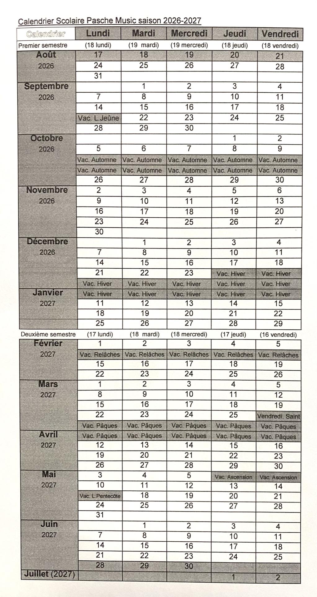 Calendrier 2026-2027